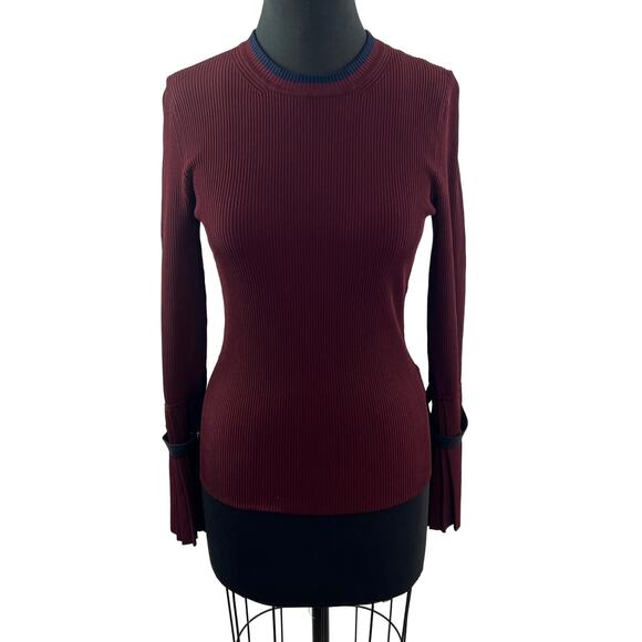 3.1 Phillip Lim Burgundy Ribbed Top Long Sleeves Pleated Cuffs Crewneck Size S - Picture 1 of 8